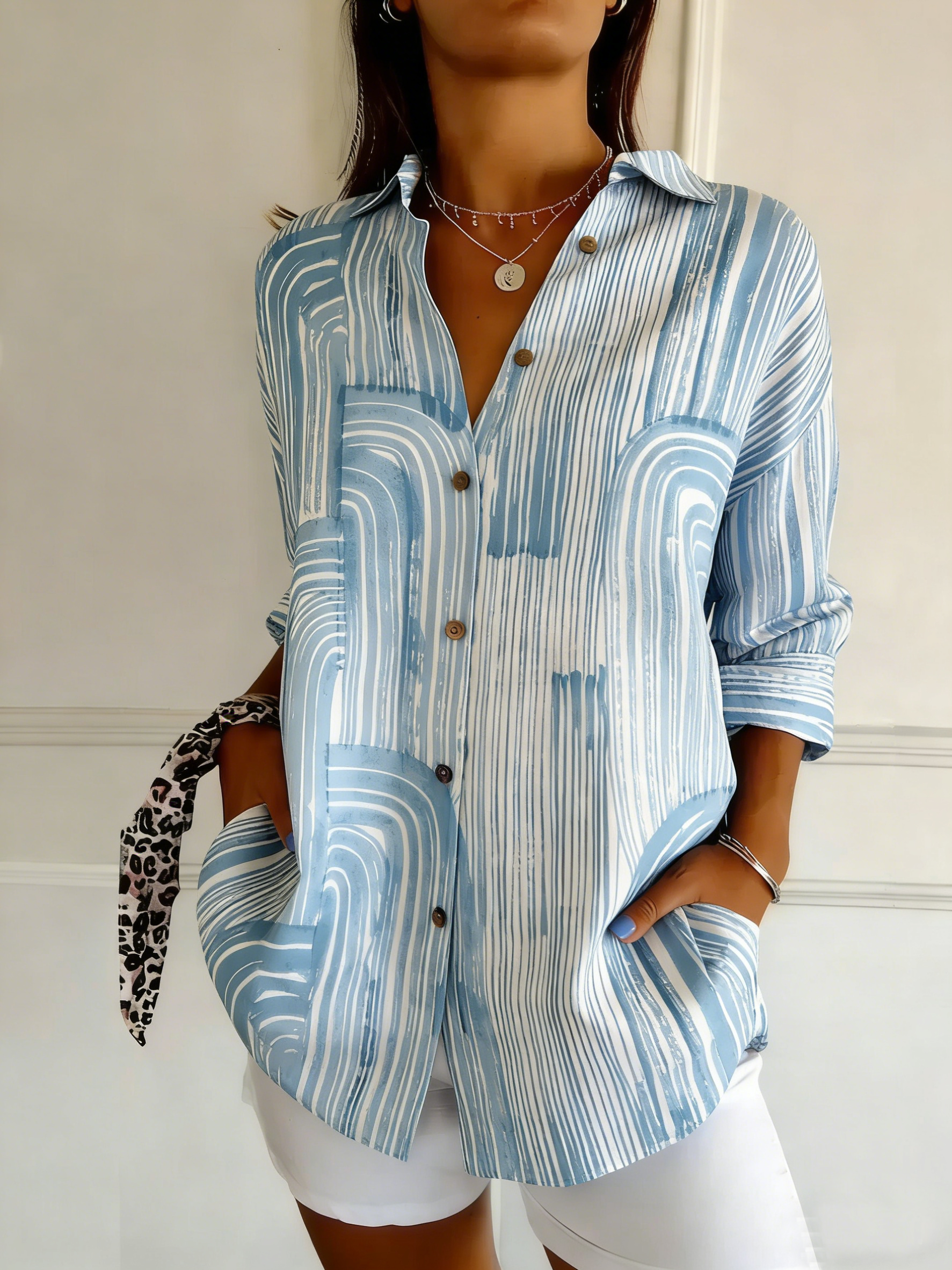 Shawl Collar Long Sleeve Striped Regular Loose Shirt For Women