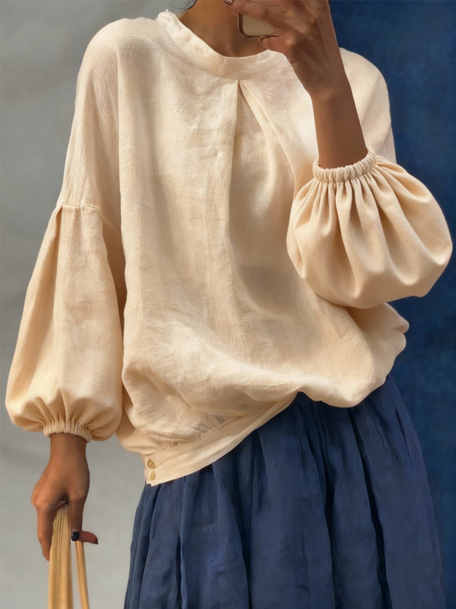 Stand Collar Long Sleeve Plain Regular Loose Blouse For Women