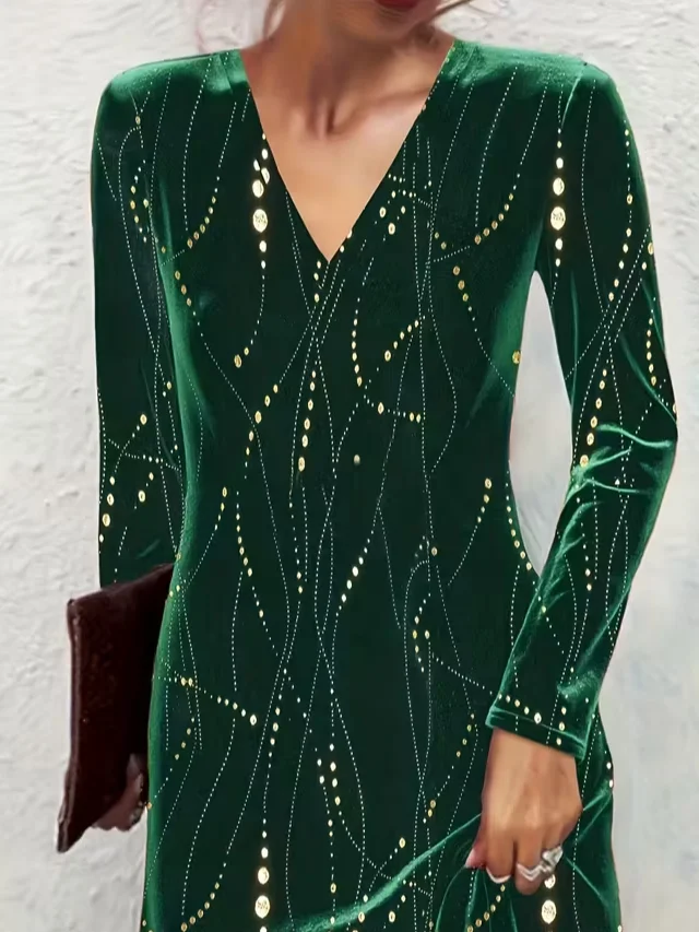 Women Abstract Summer Printing Dress V Neck Long Sleeve Tunic A-Line Dress