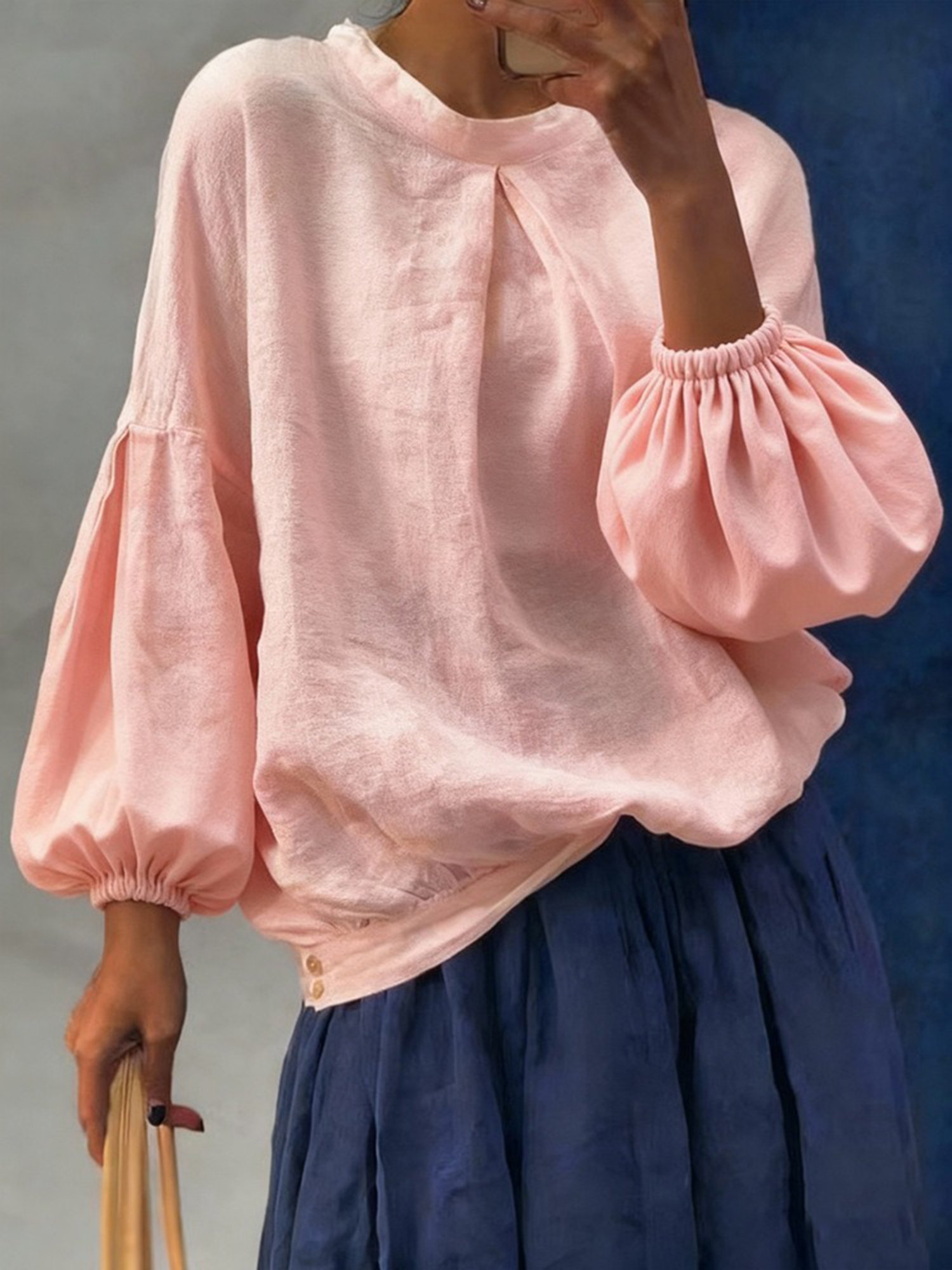 Stand Collar Long Sleeve Plain Regular Loose Blouse For Women