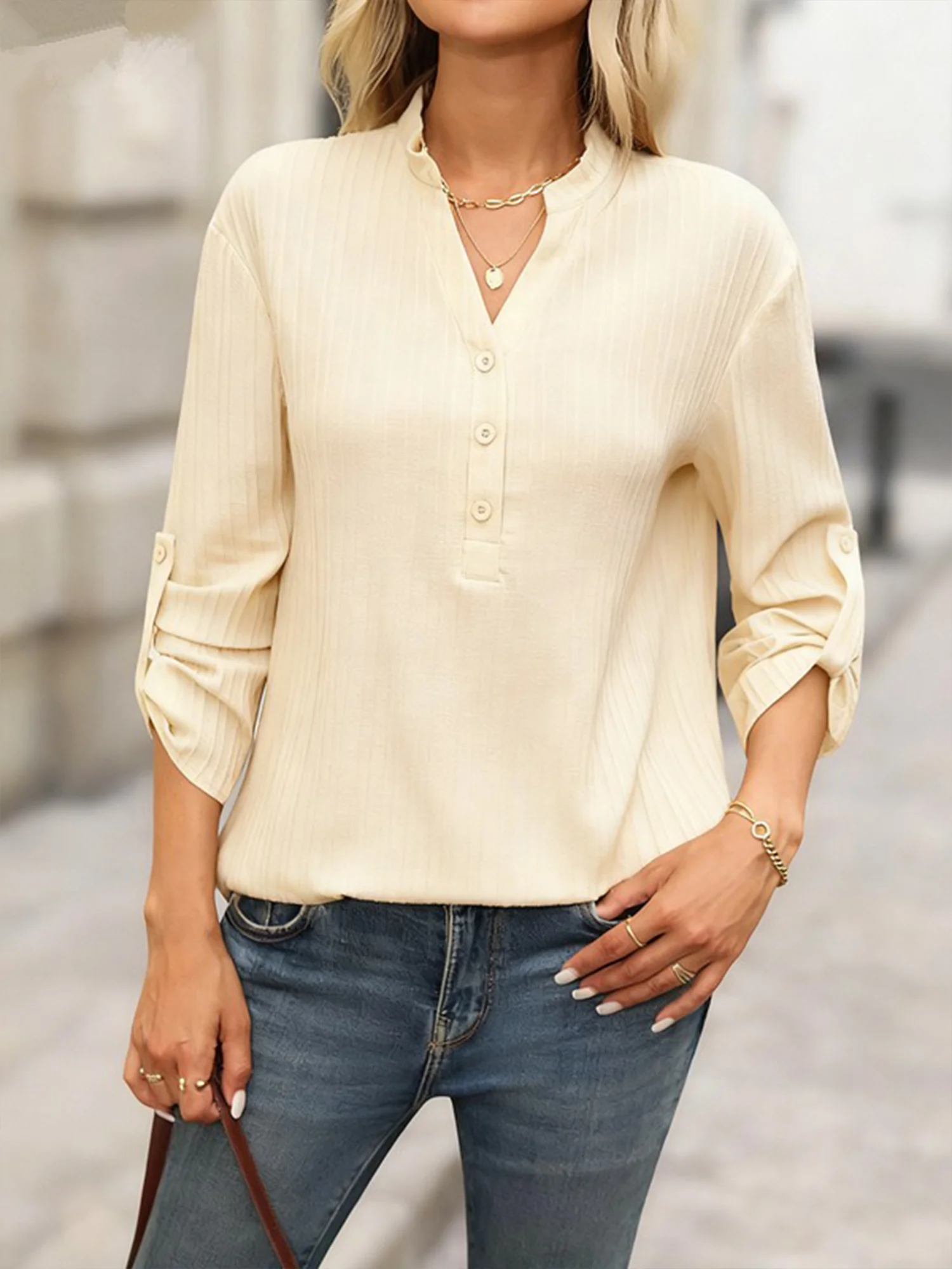 V Neck Long Sleeve Plain Regular Loose Blouse For Women