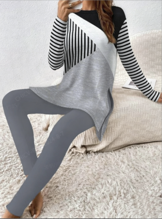 Women Striped Two-Piece Set Daily Long Sleeve Casual Spring/Fall Top With Pants Matching Set