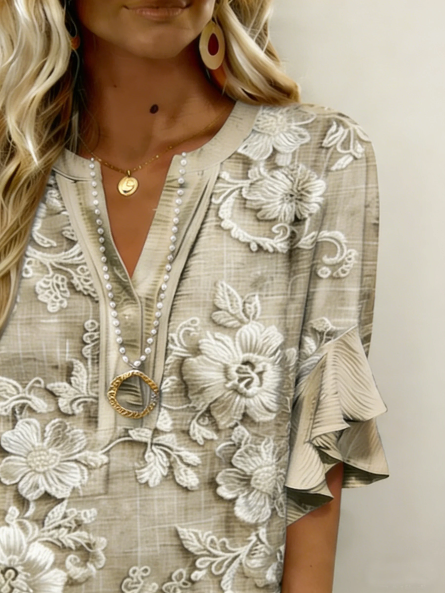 Casual Floral V Neck Half Sleeve T-shirt