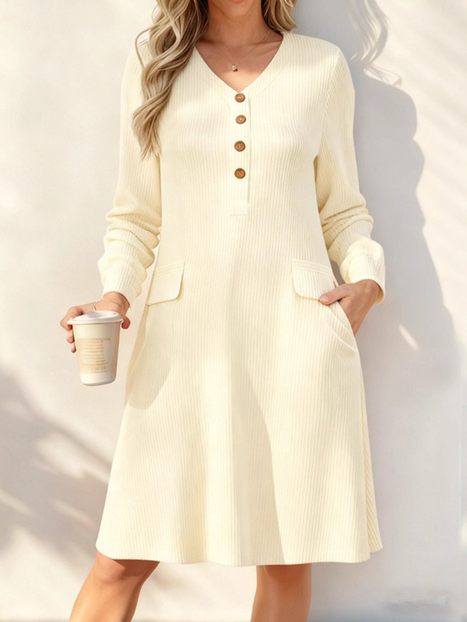 Women Striped Summer Dress V Neck Three Quarter Sleeve X-Line Dress