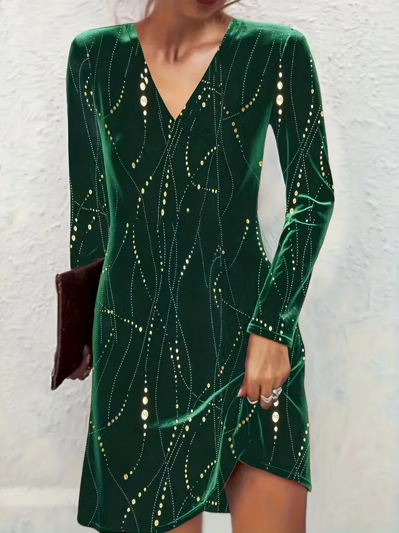 Women Abstract Summer Printing Dress V Neck Long Sleeve Tunic A-Line Dress