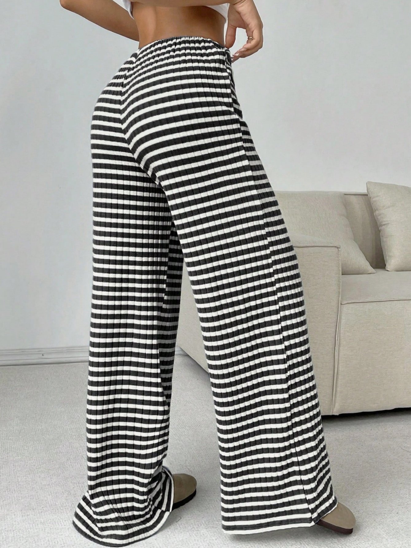 Women Striped Long Elastic Waist Pants Casual Spring/Fall Trousers
