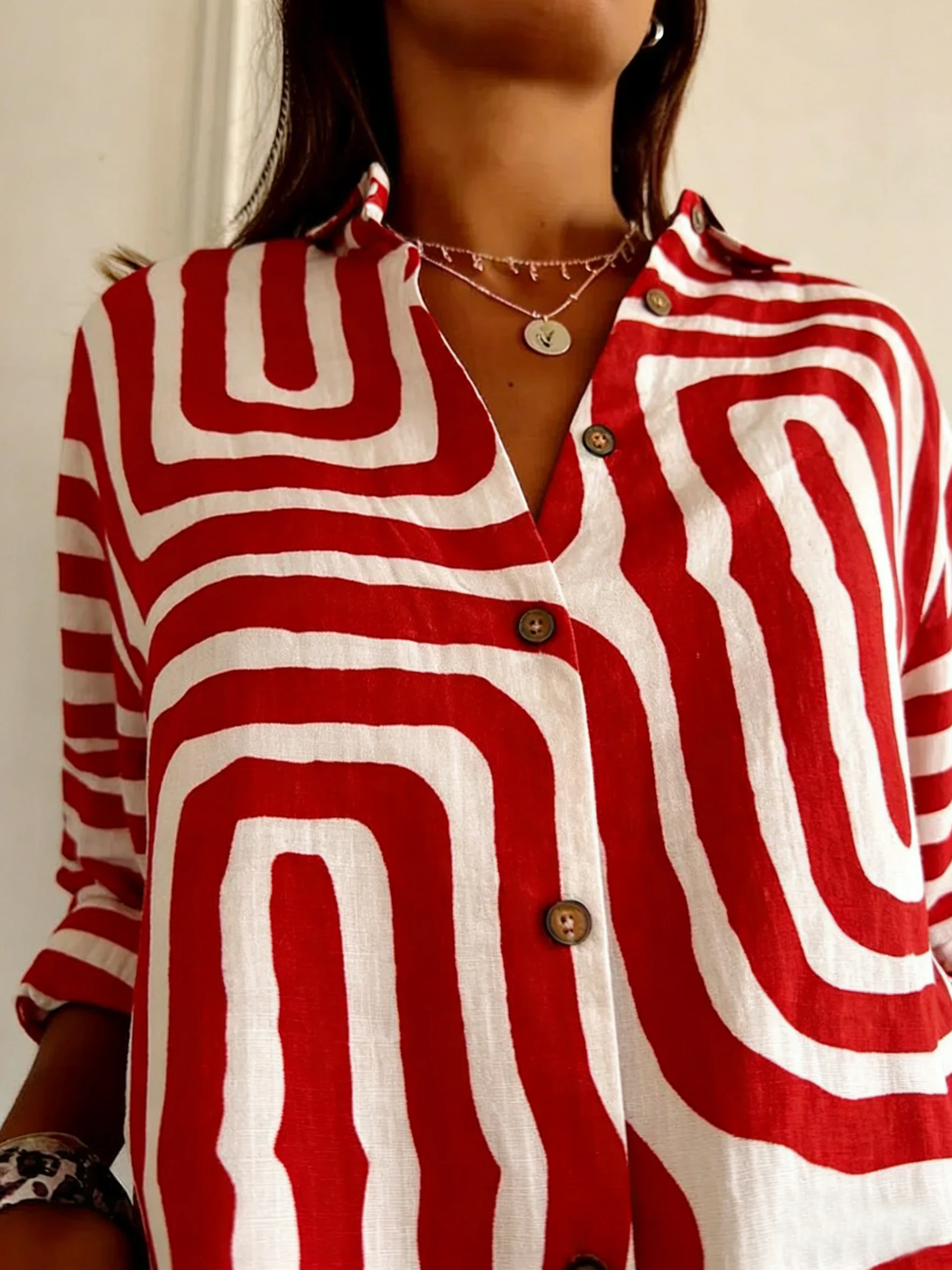 Shawl Collar Long Sleeve Striped Regular Loose Shirt For Women