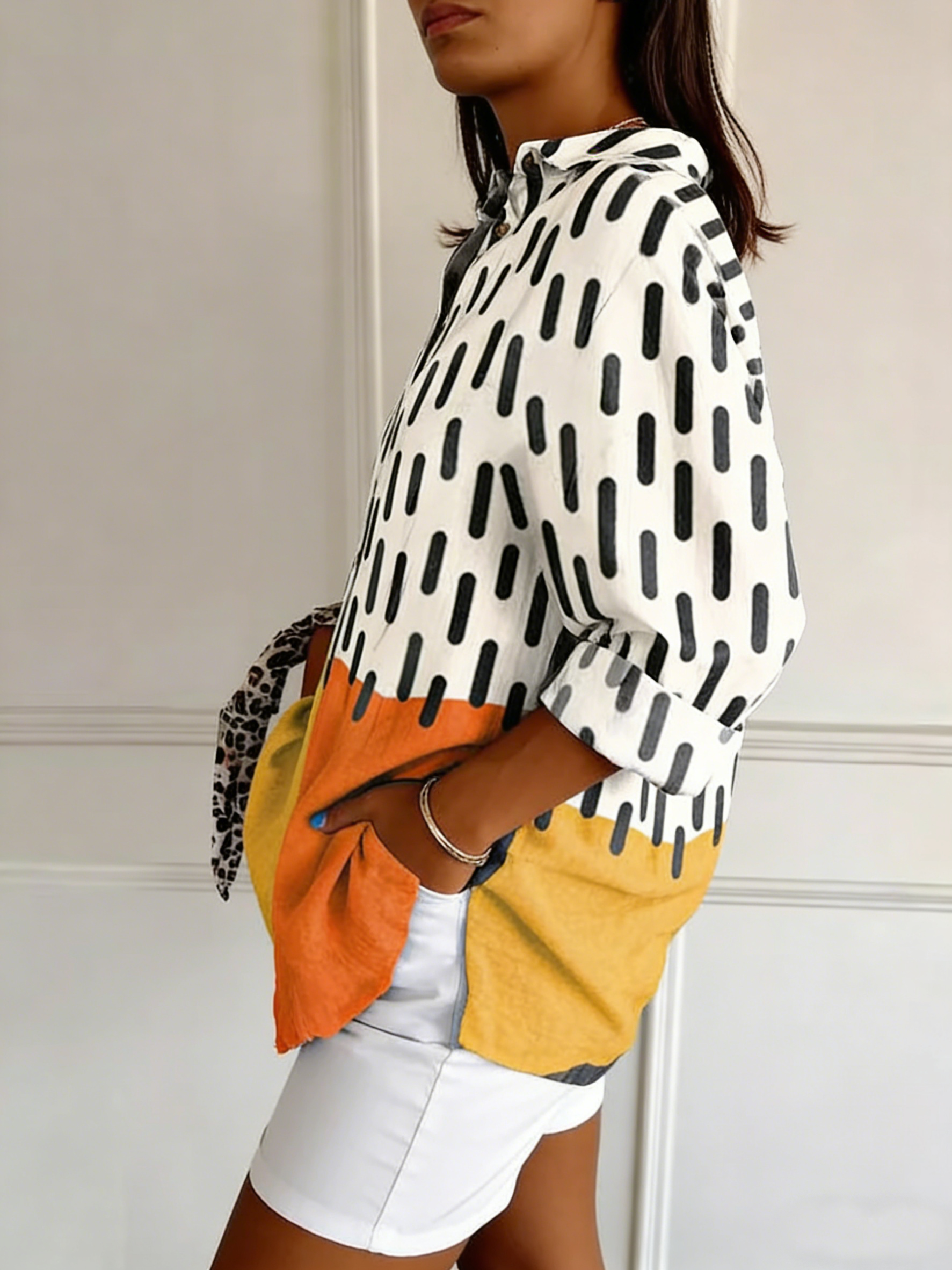 Shawl Collar Three Quarter Sleeve Polka Dots Regular Loose Shirt For Women