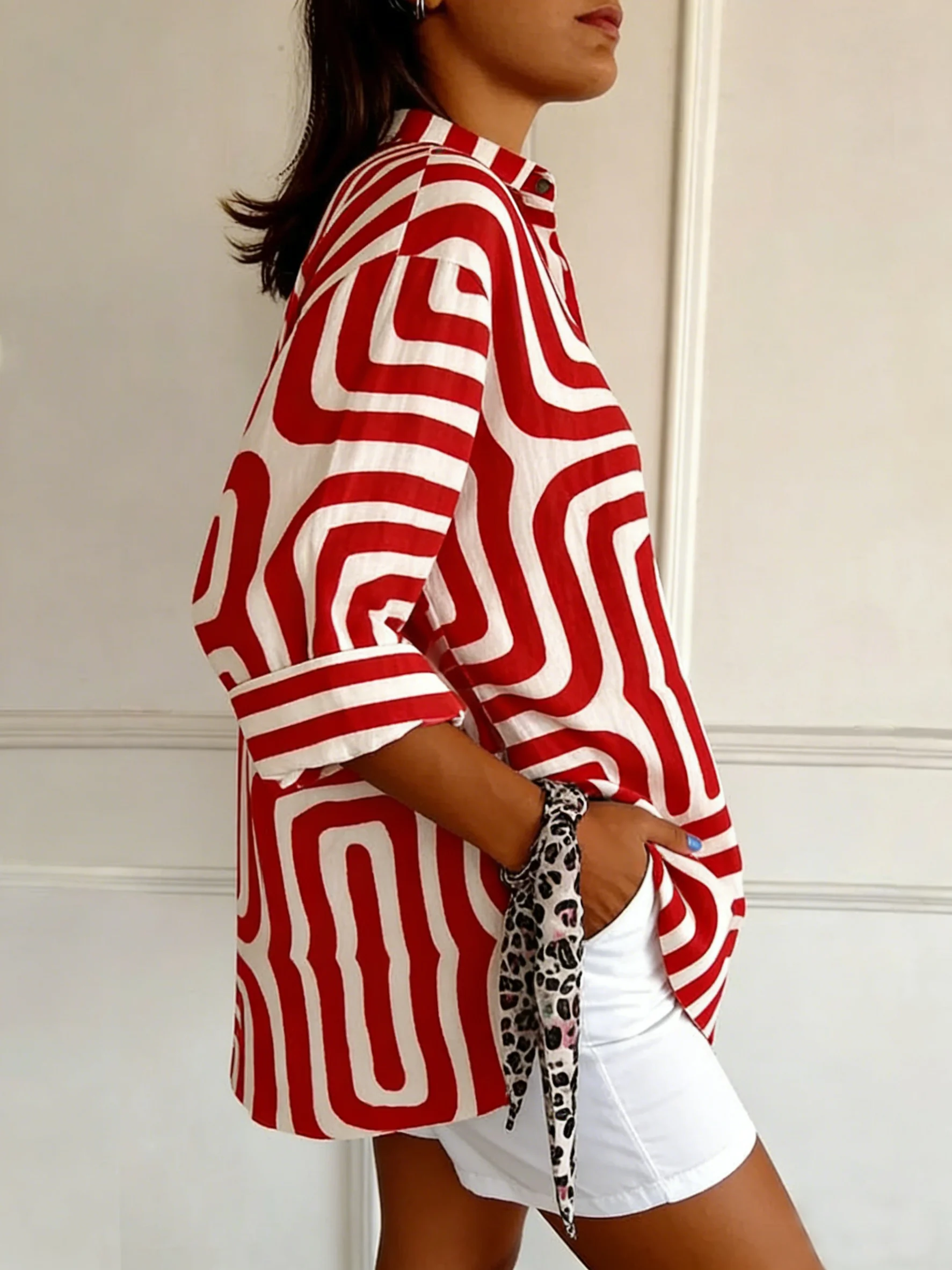 Shawl Collar Long Sleeve Striped Regular Loose Shirt For Women