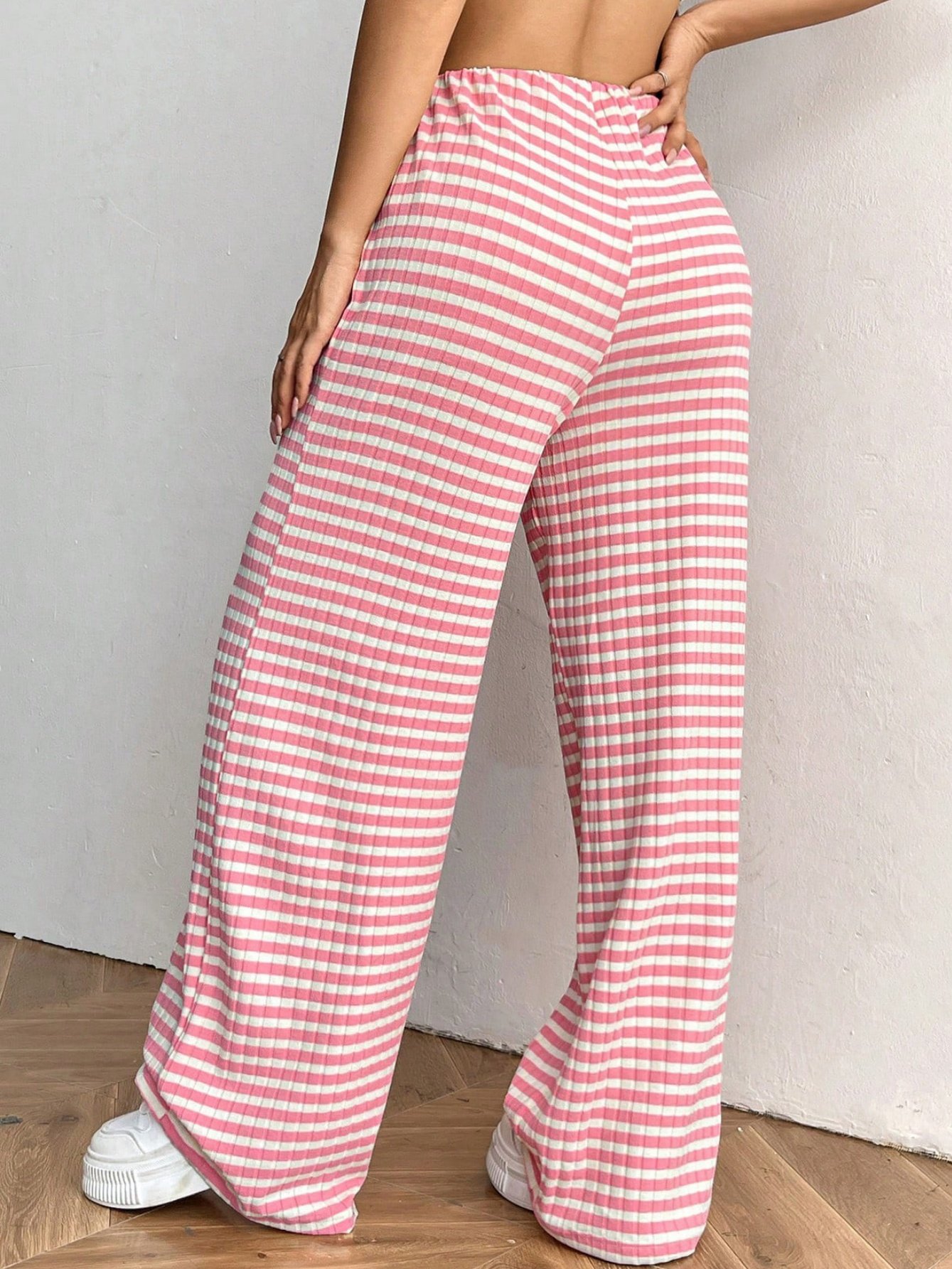 Women Striped Long Elastic Waist Pants Casual Spring/Fall Trousers