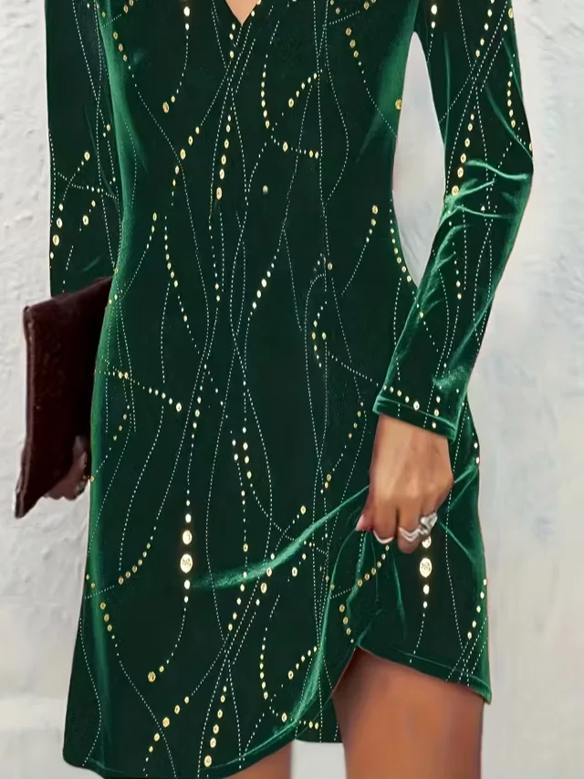 Women Abstract Summer Printing Dress V Neck Long Sleeve Tunic A-Line Dress