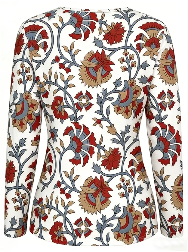 Casual Floral V Neck Long Sleeve T-shirt