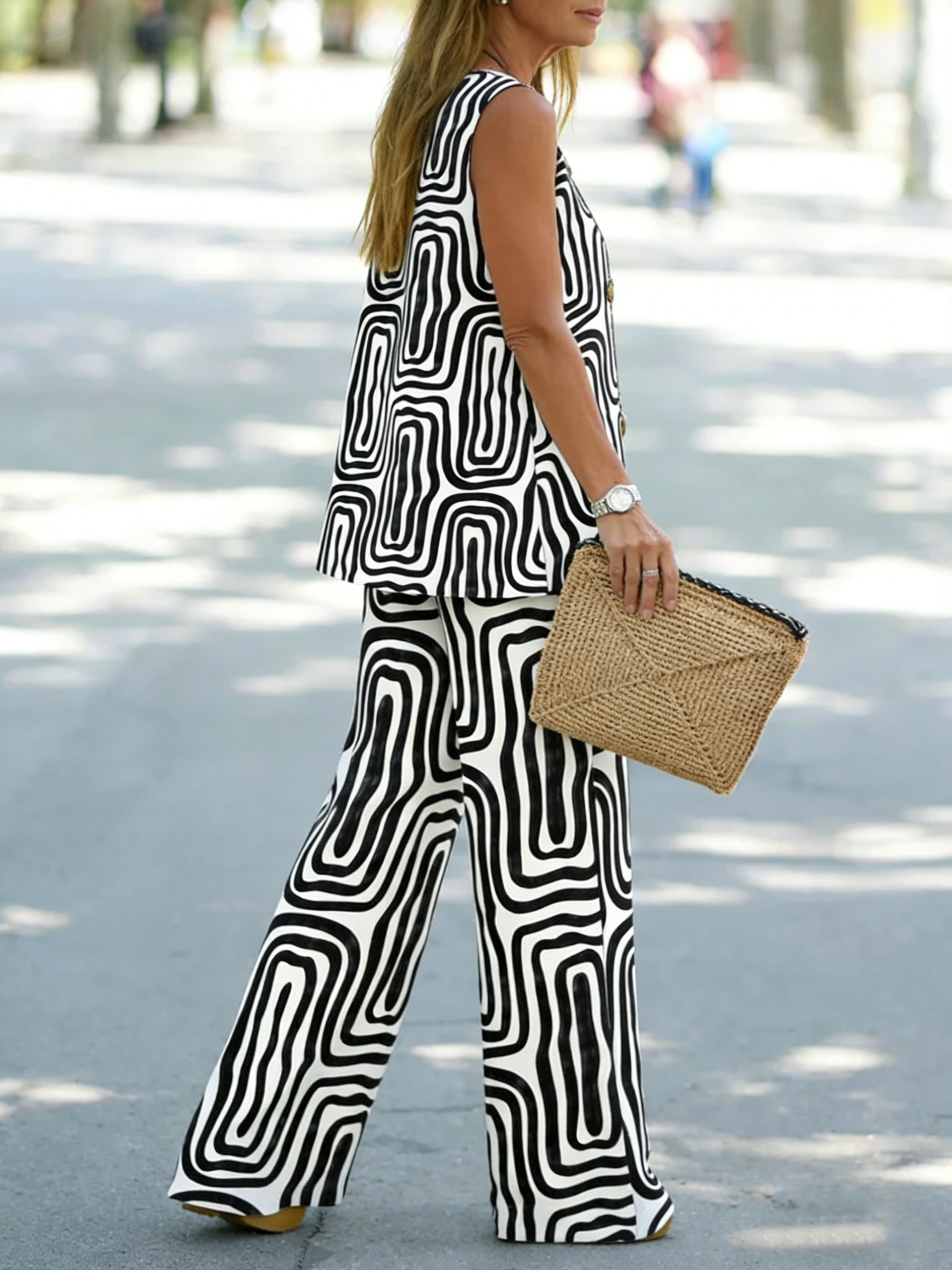 Women Abstract Stripes Two-Piece Set Daily Sleeveless Casual Summer Top With Pants Matching Set