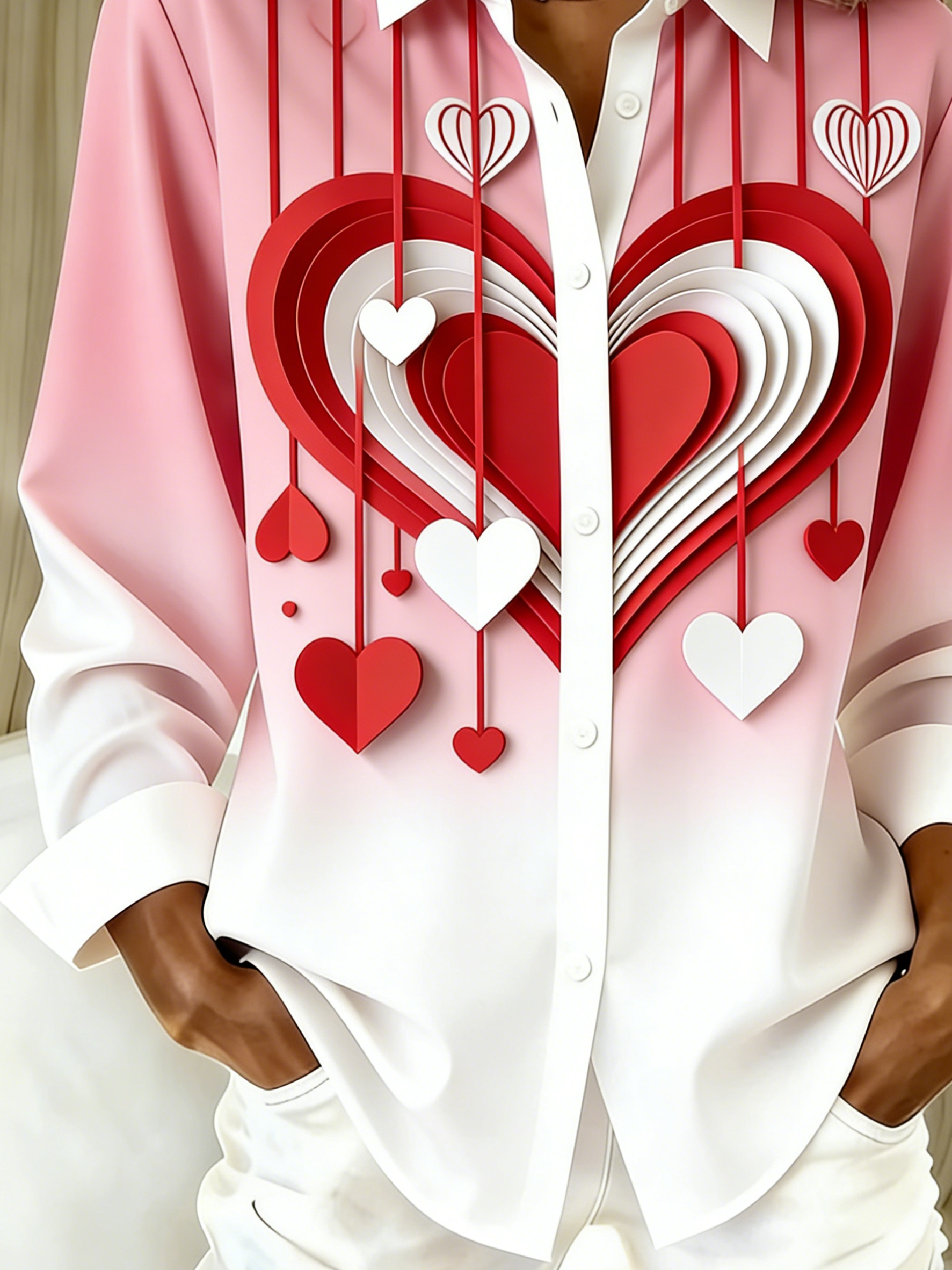 Shawl Collar Long Sleeve Heart/Cordate Regular Loose Shirt For Women