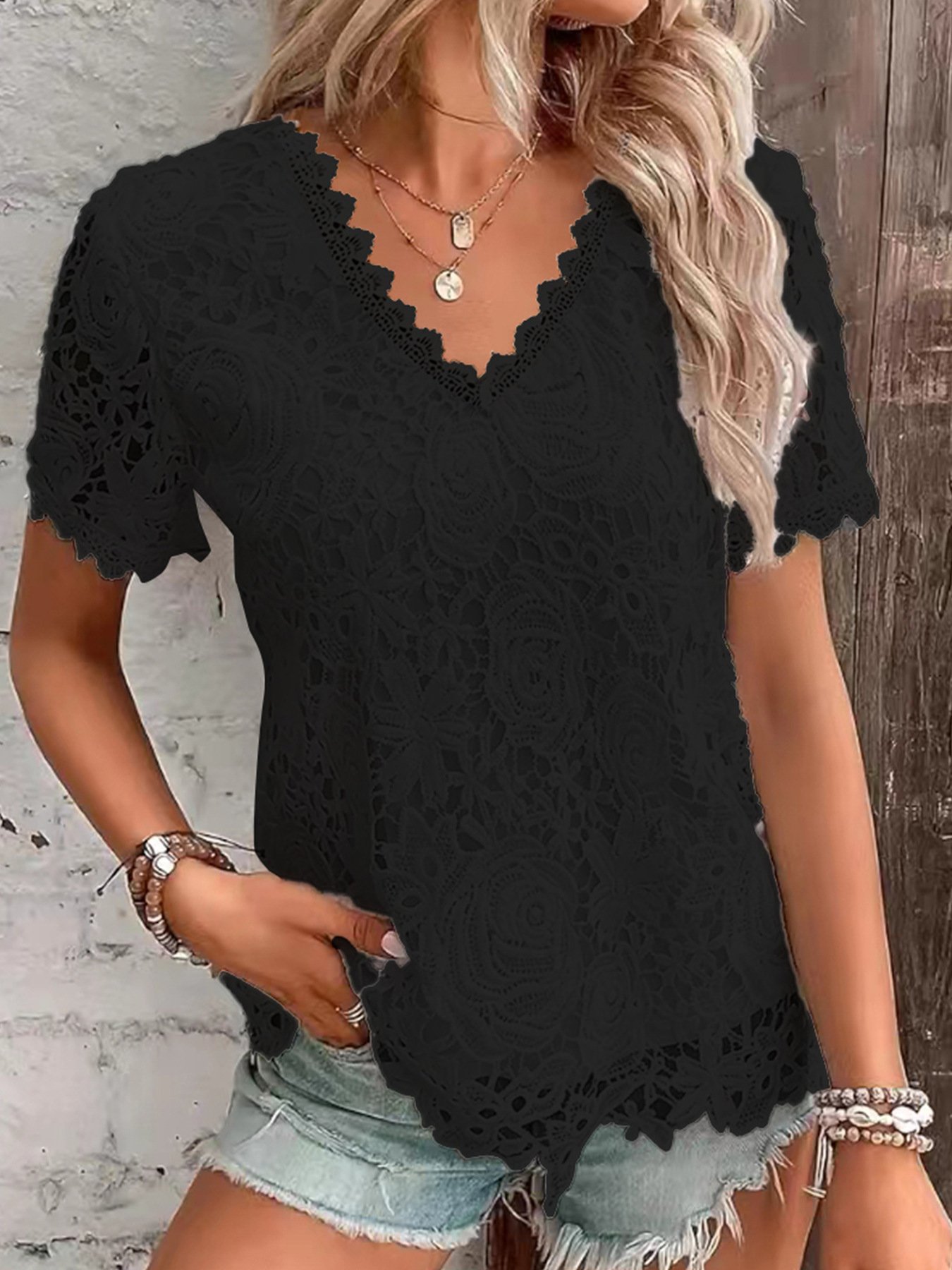 Elegant Lace V Neck Short Sleeve T-shirt