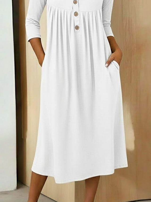 Women Plain Summer Dress Half Open Collar Half Sleeve A-Line Dress