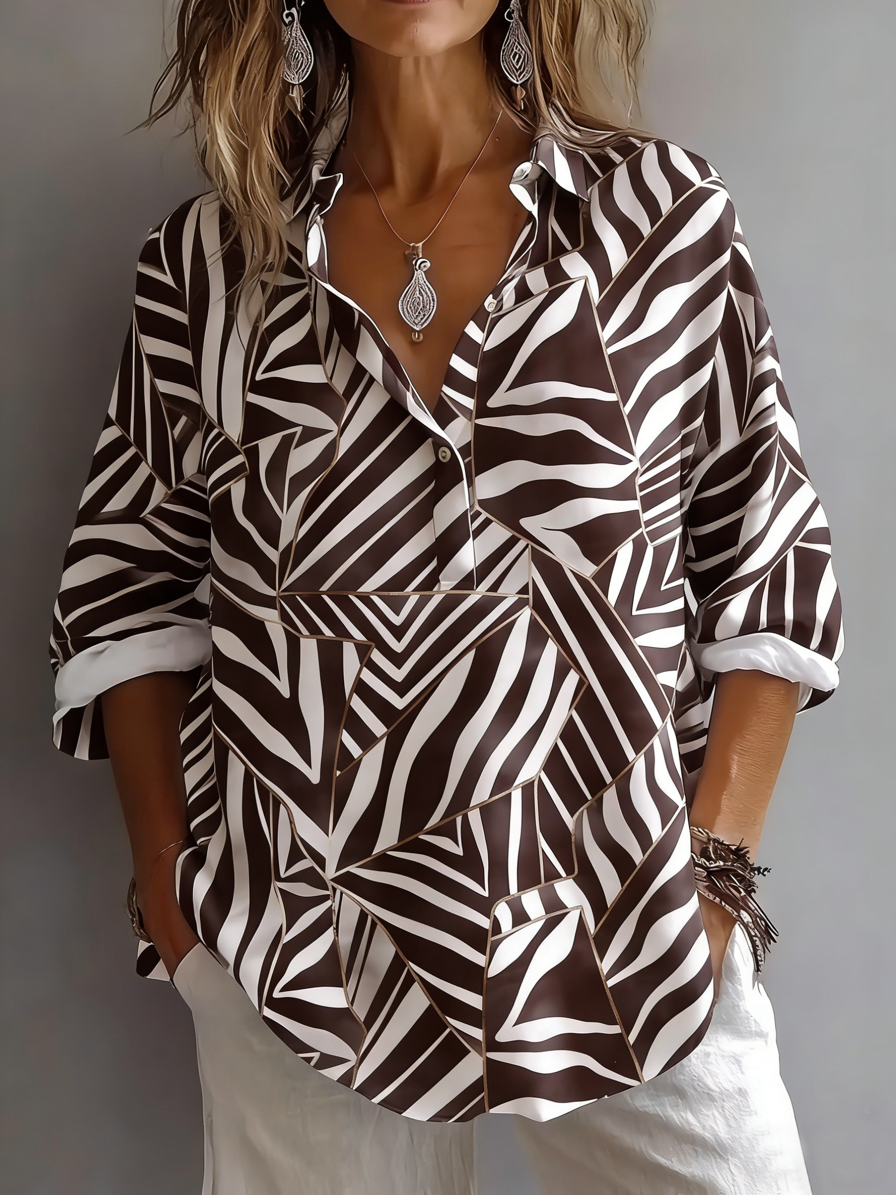 Shirt Collar Long Sleeve Geometric Regular Micro-Elasticity Regular Fit Shirt For Women