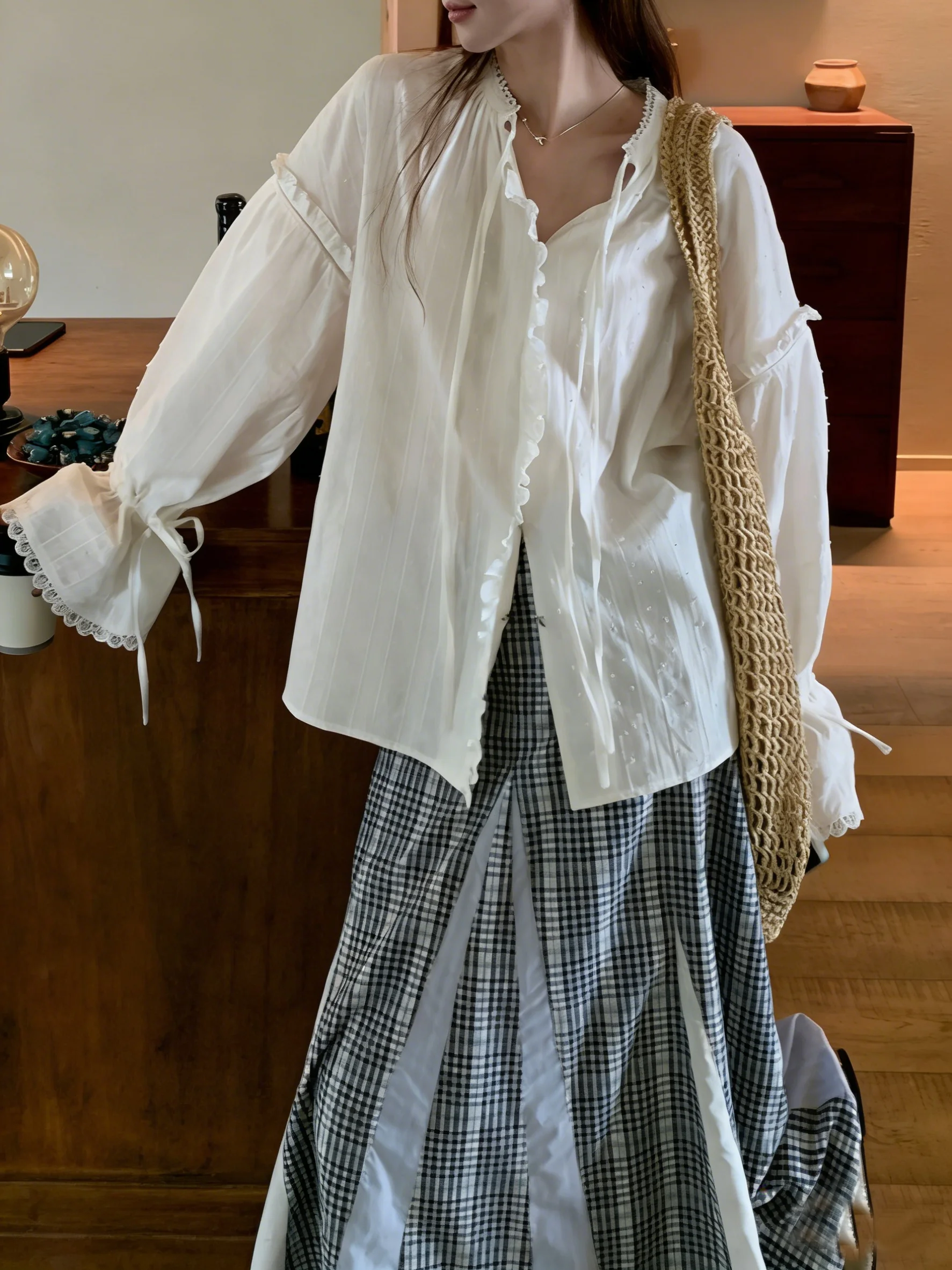 Crew Neck Long Sleeve Plain Regular Loose Blouse For Women