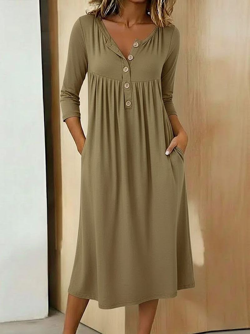Women Plain Summer Dress Half Open Collar Half Sleeve A-Line Dress