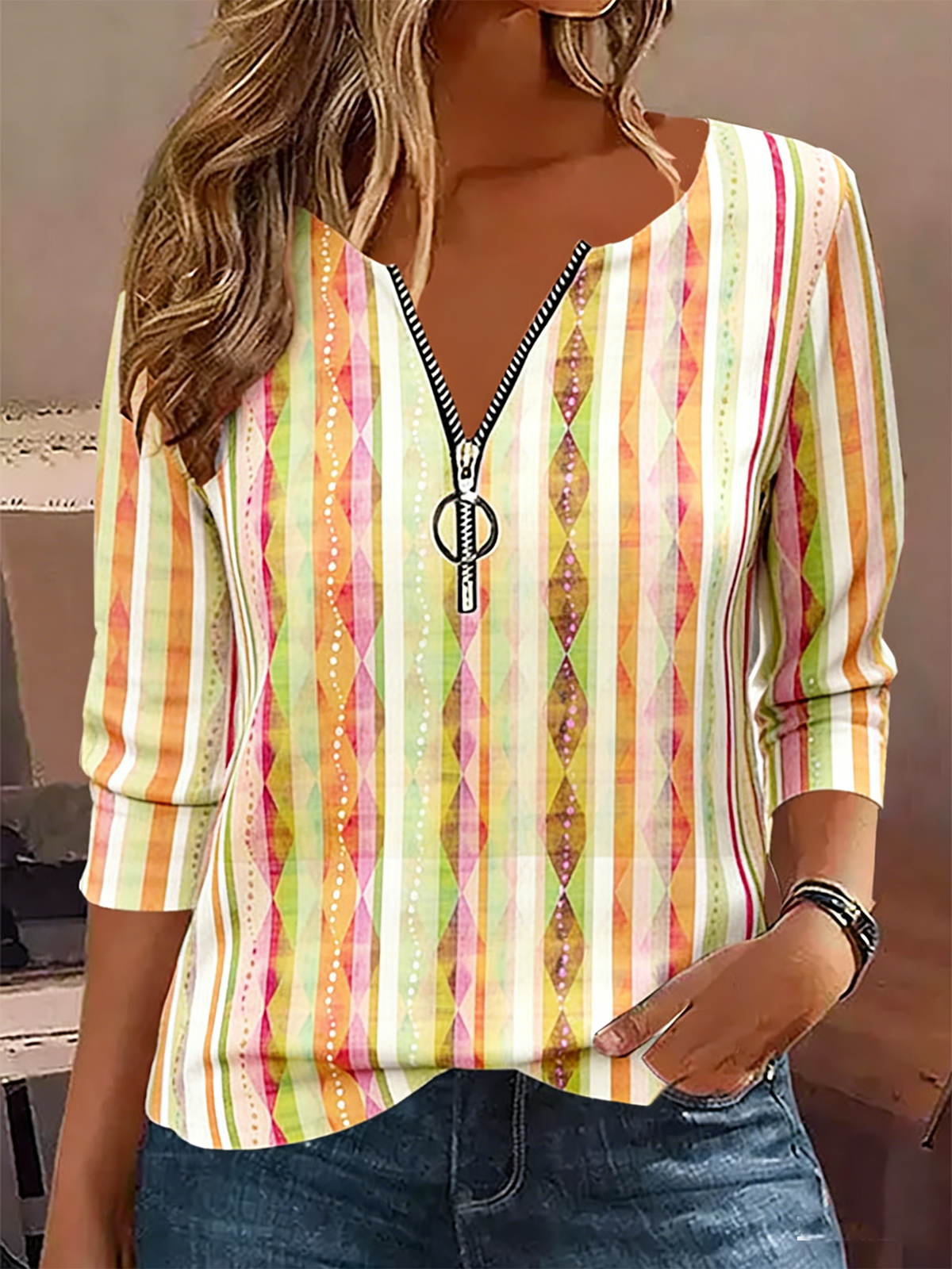 Vintage Striped V Neck Long Sleeve T-shirt