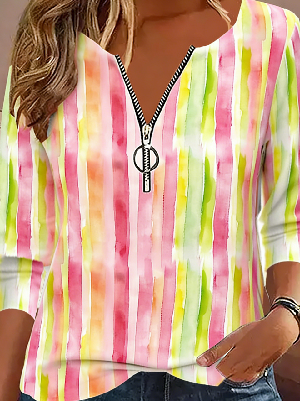 Vintage Striped V Neck Long Sleeve T-shirt