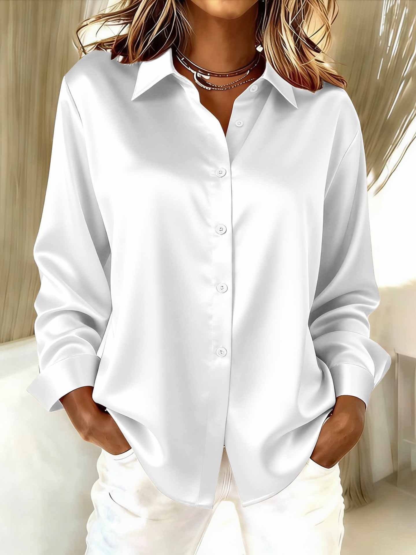 Shawl Collar Long Sleeve Plain Split Joint Regular Micro-Elasticity Loose Button Up Shirt Shirt For Women