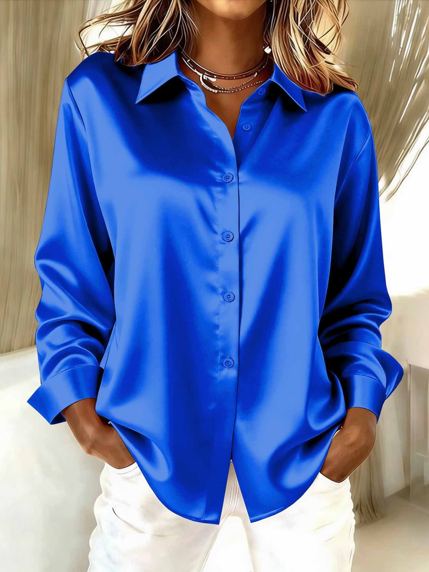 Shawl Collar Long Sleeve Plain Split Joint Regular Micro-Elasticity Loose Button Up Shirt Shirt For Women