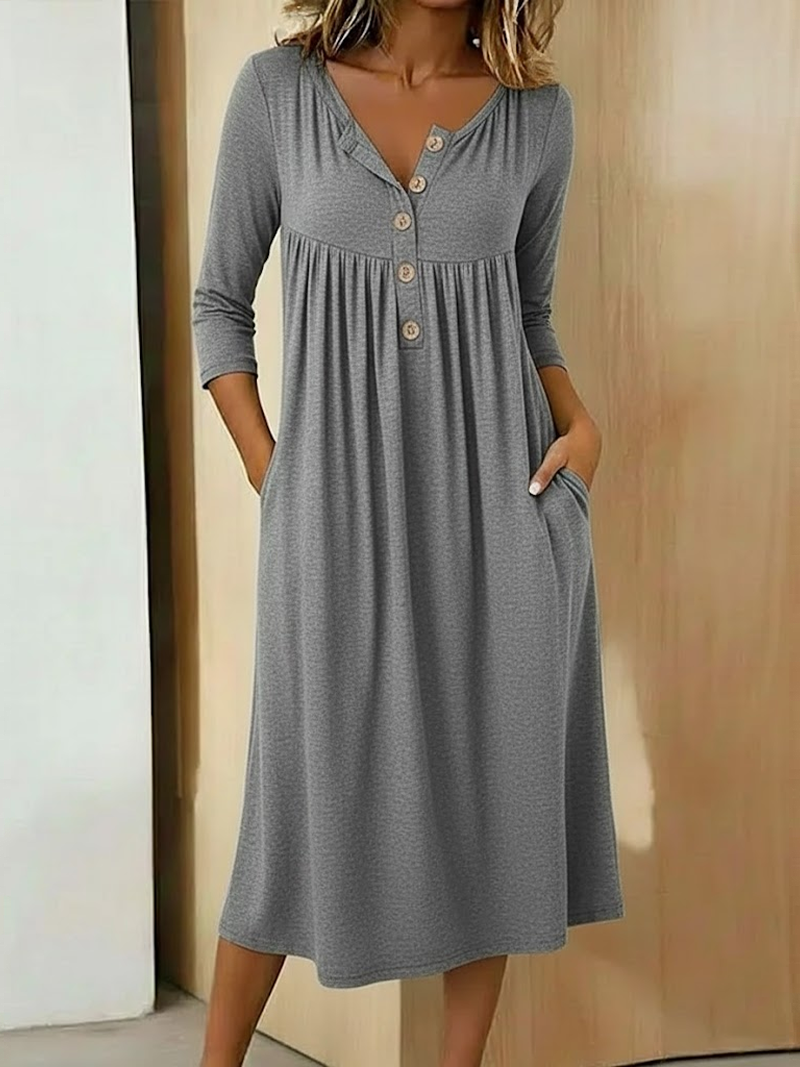 Women Plain Summer Dress Half Open Collar Half Sleeve A-Line Dress