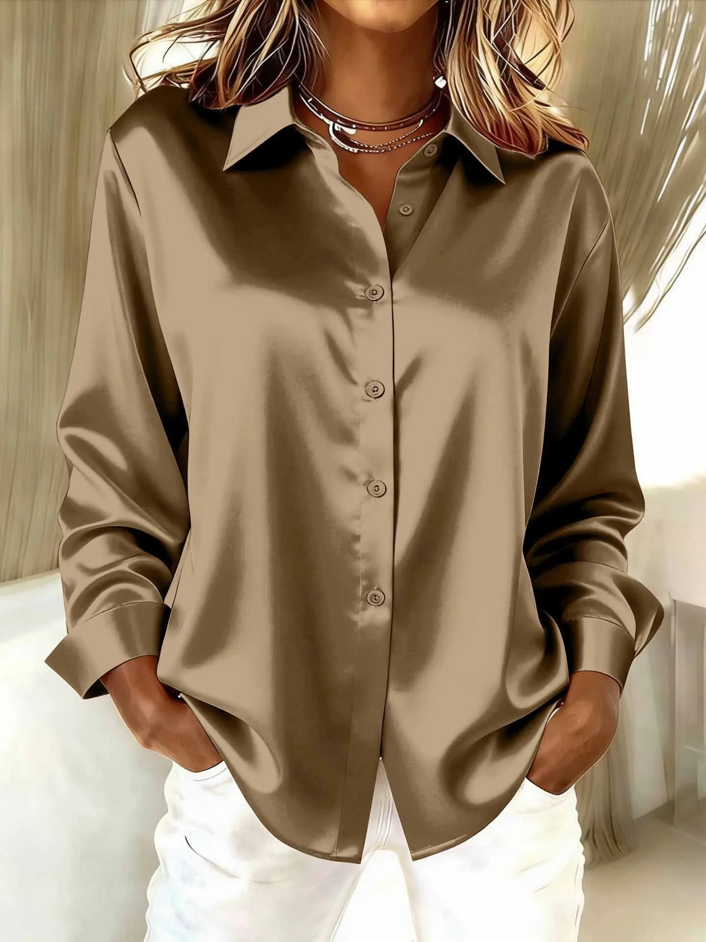 Shawl Collar Long Sleeve Plain Split Joint Regular Micro-Elasticity Loose Button Up Shirt Shirt For Women