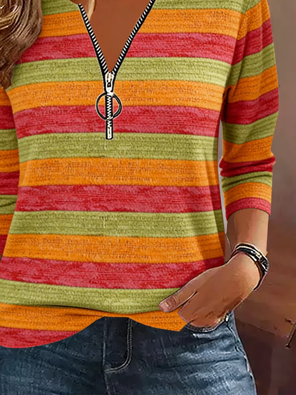 Vintage Geometric V Neck Long Sleeve T-shirt