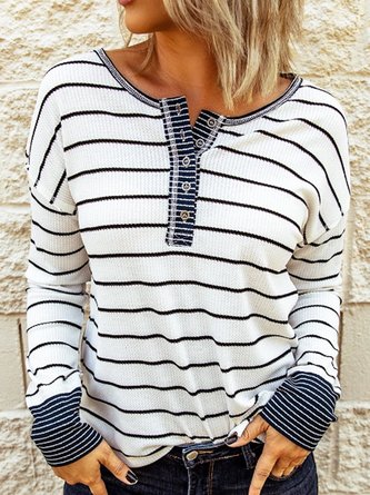 White Round Neck Stripes Cotton-Blend Casual Sweatshirt