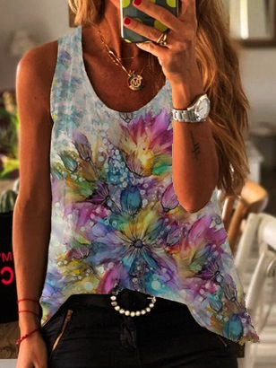 Sleeveless Scoop Neckline Floral Casual Tops