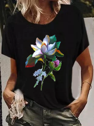 Floral Short Sleeve Scoop Neckline Elegant T-shirt