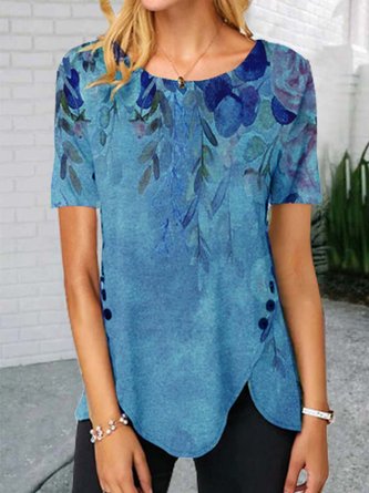 Floral  Short Sleeve  Printed  Cotton-blend  Crew Neck  Vintage  Summer  Blue Tunic Top