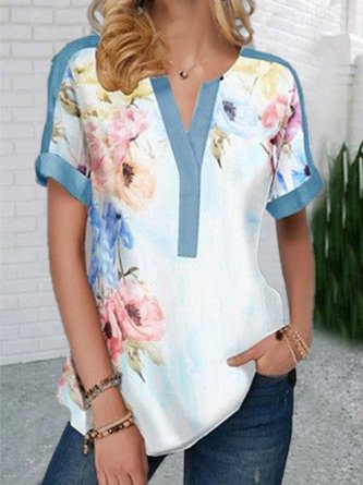 Floral  Short Sleeve  Printed  Cotton-blend  V neck Elegant  Summer  Blue Top