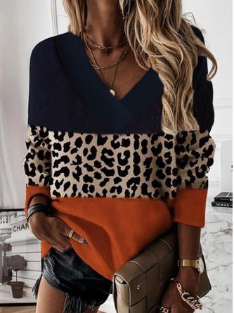 Loosen Cotton Blends V Neck Long Sleeve Casual Printed Tops