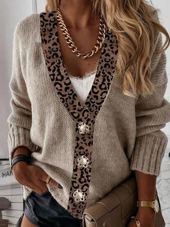 Leopard V Neck Casual Knitted Sweater coat