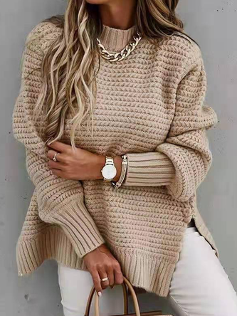 Acrylic High Neck Plain Loose Tunic Sweater Knit Jumper