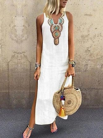Loose Vacation Linen Simple  Ethnic V Neck Short sleeve Woven Dress