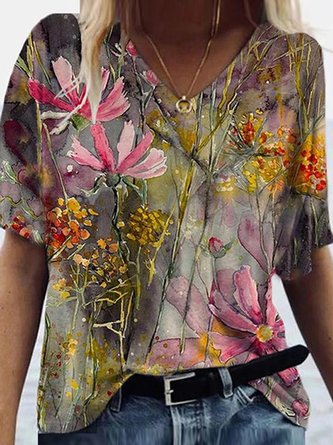 Women's Cotton Blends V Neck Loosen Floral Casual T-shirt