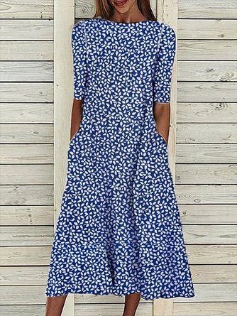Women's A Line Dress Midi Dress Blue Half Sleeve Floral Ruched Print Summer Fall Crew Neck Casual Modern
