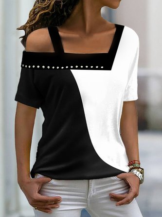 Women's Casual Weekend Color Block Loosen Asymmetrical Neck T shirt Tee short Sleeve Print Basic T-Shirt 2022