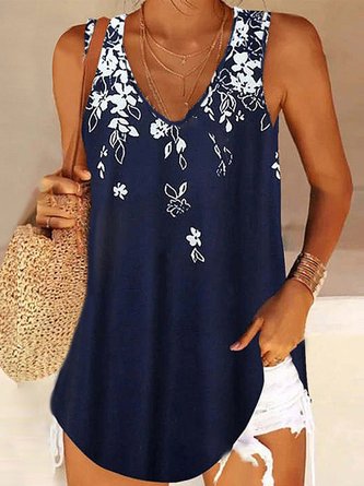 Women's Casual Daily Holiday Tank Tunic Top Camis Floral Sleeveless Patchwork Print Round andV Neck Casual Beach Tunic Top Navy Blue