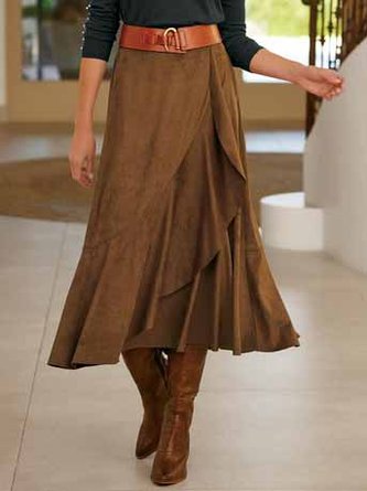 Casual Plain Autumn Suede Natural Daily Midi A-Line Skirt for Women