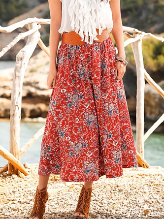 Loose Vacation Red Floral Skirt