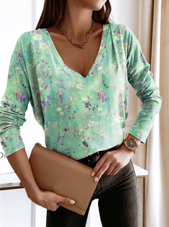 Casual Jersey Loose Green Floral T-Shirt