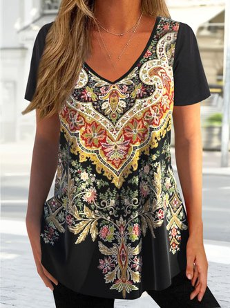 Ethnic Printed V-neck Jersey Casual T-Shirt
