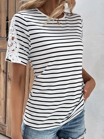 Lace Crew Neck Casual Striped T-Shirt