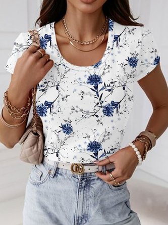Tight Floral Casual Crew Neck T-Shirt