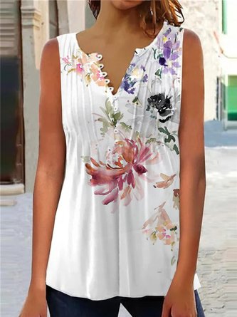 V Neck Casual Jersey Floral Tank Top